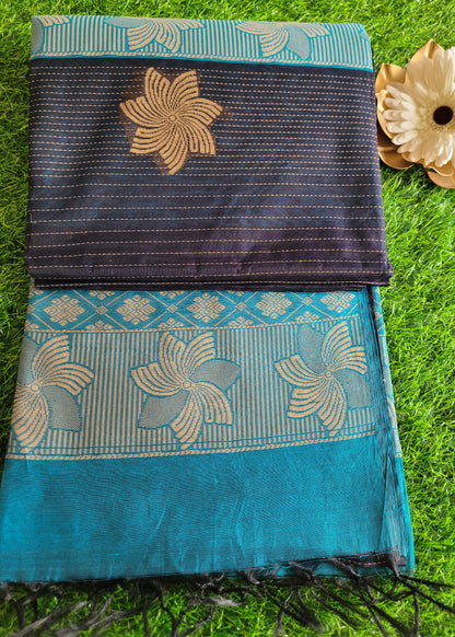 Dark Navy And Light Blue Cotton Saree- TN