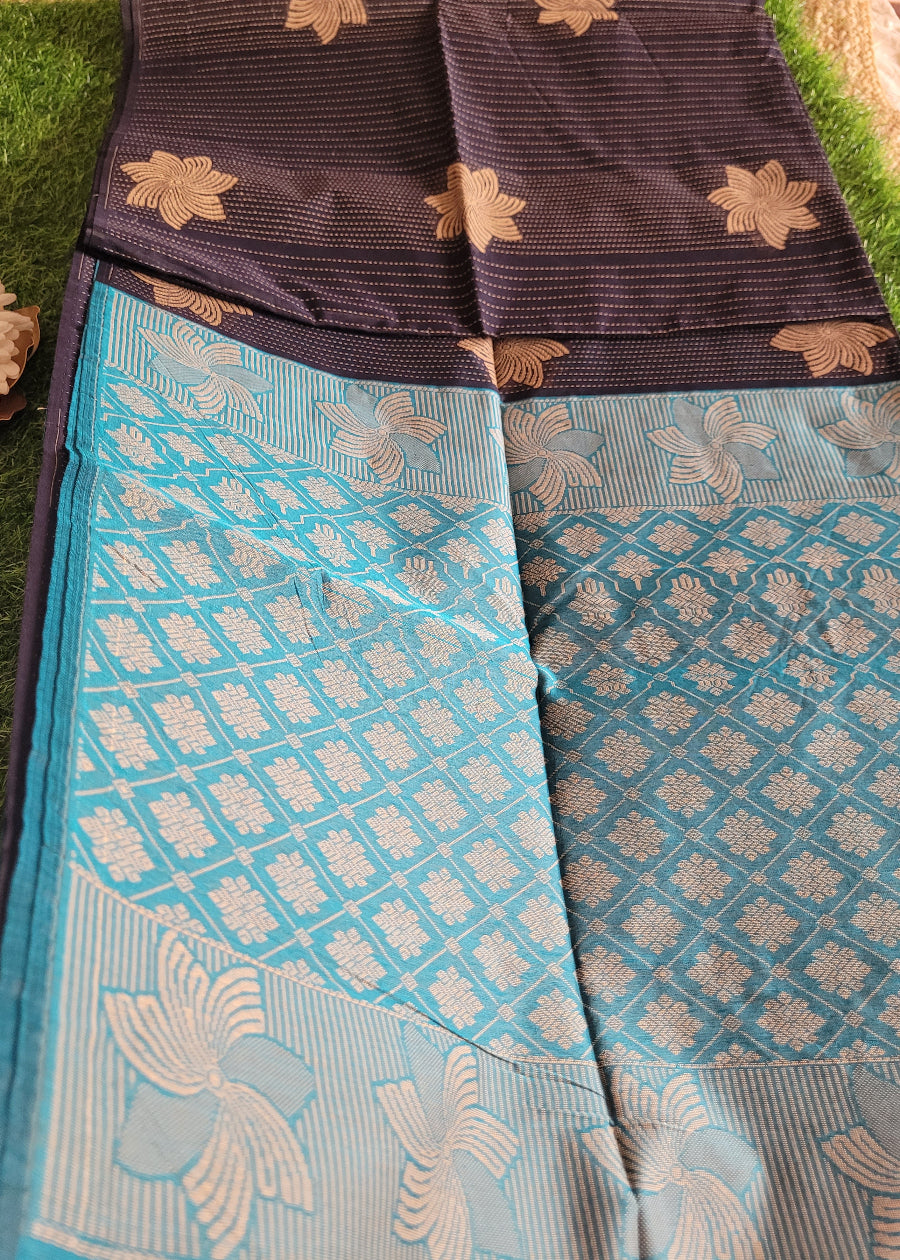 Dark Navy And Light Blue Cotton Saree- TN