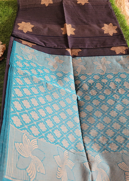 Dark Navy And Light Blue Cotton Saree- TN