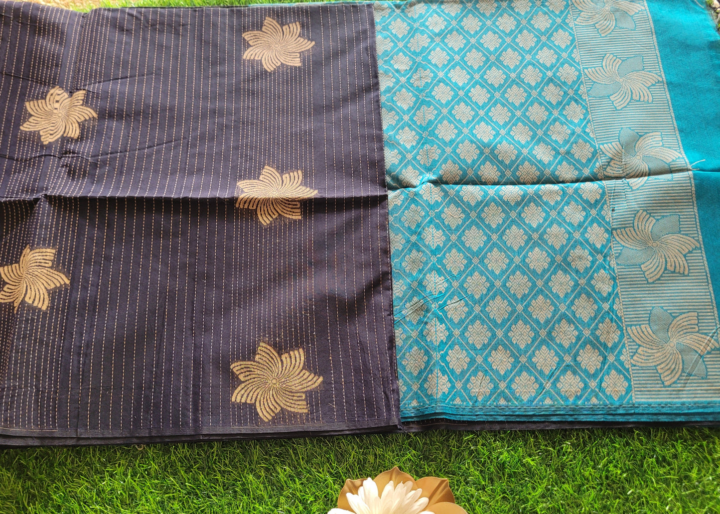Dark Navy And Light Blue Cotton Saree- TN