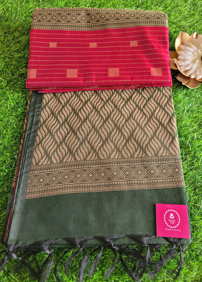Maroon And Green Cotton Saree- TN