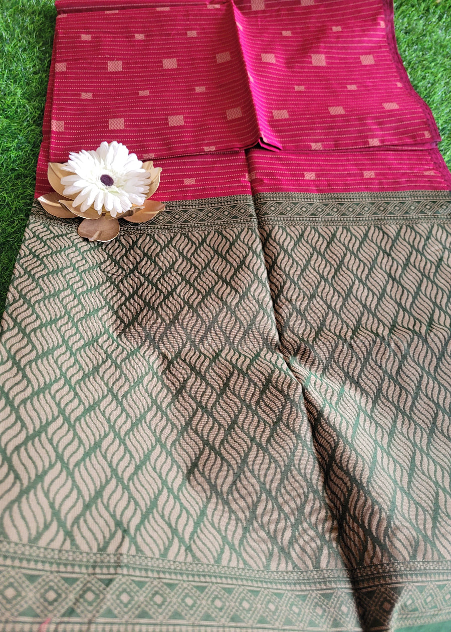 Maroon And Green Cotton Saree- TN