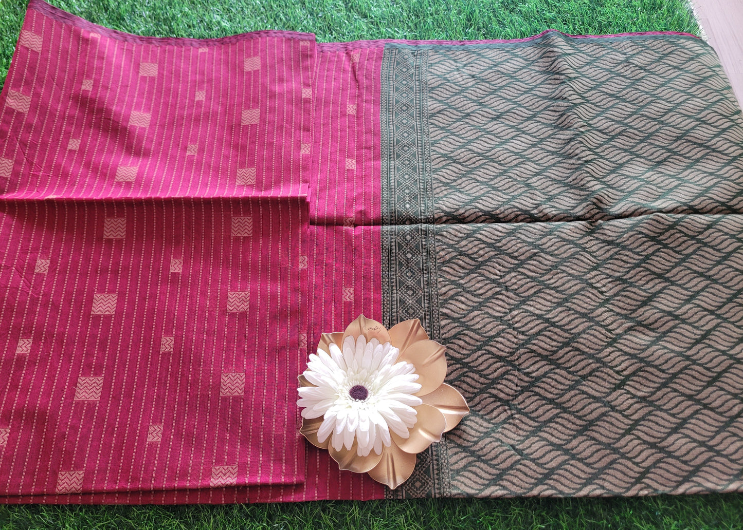 Maroon And Green Cotton Saree- TN