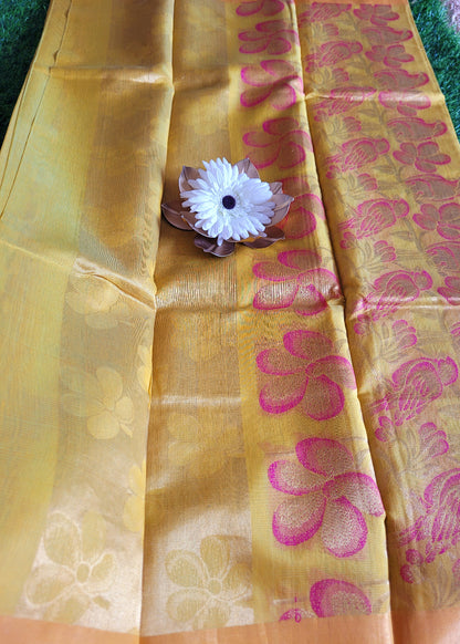 Greenish Yellow Pure Kora Silk Saree- TN
