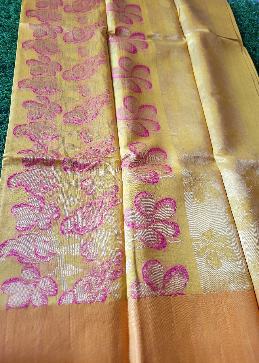 Greenish Yellow Pure Kora Silk Saree- TN