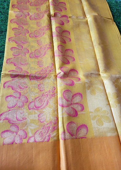 Greenish Yellow Pure Kora Silk Saree- TN