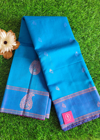 Copper SulphateBlue And Majenta Kora silk Saree- TN