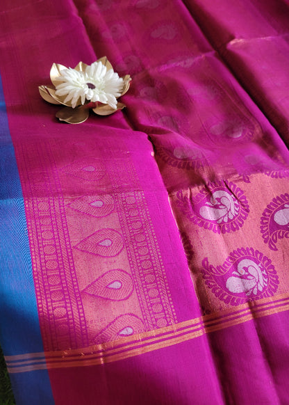 Copper SulphateBlue And Majenta Kora silk Saree- TN
