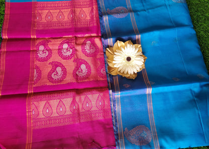 Copper SulphateBlue And Majenta Kora silk Saree- TN