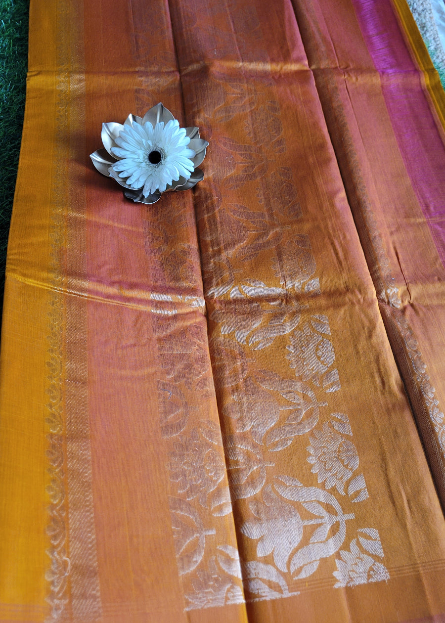 Golden Yellow And Peach Kora Silk Saree- TN