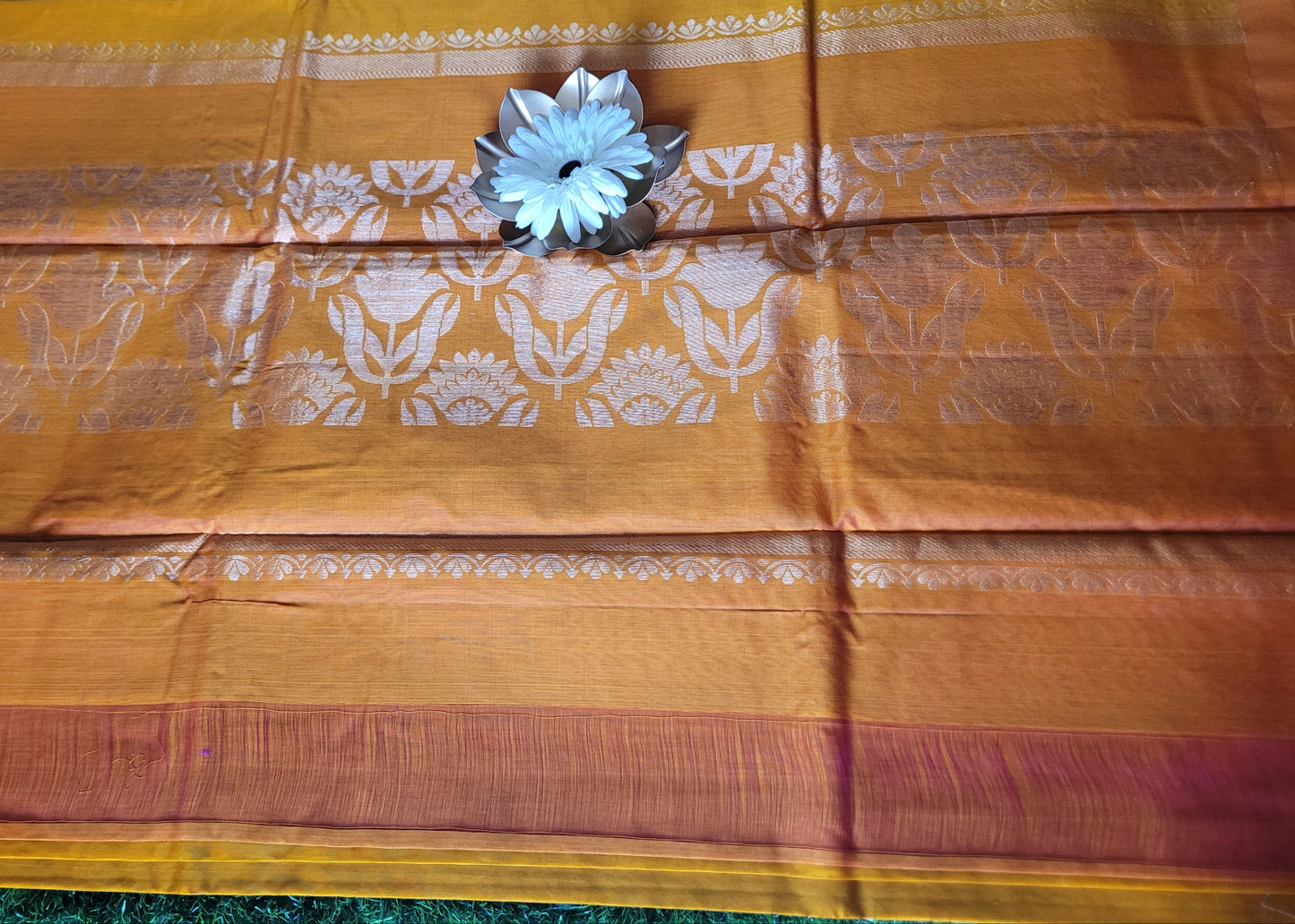 Golden Yellow And Peach Kora Silk Saree- TN