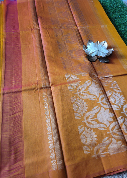Golden Yellow And Peach Kora Silk Saree- TN