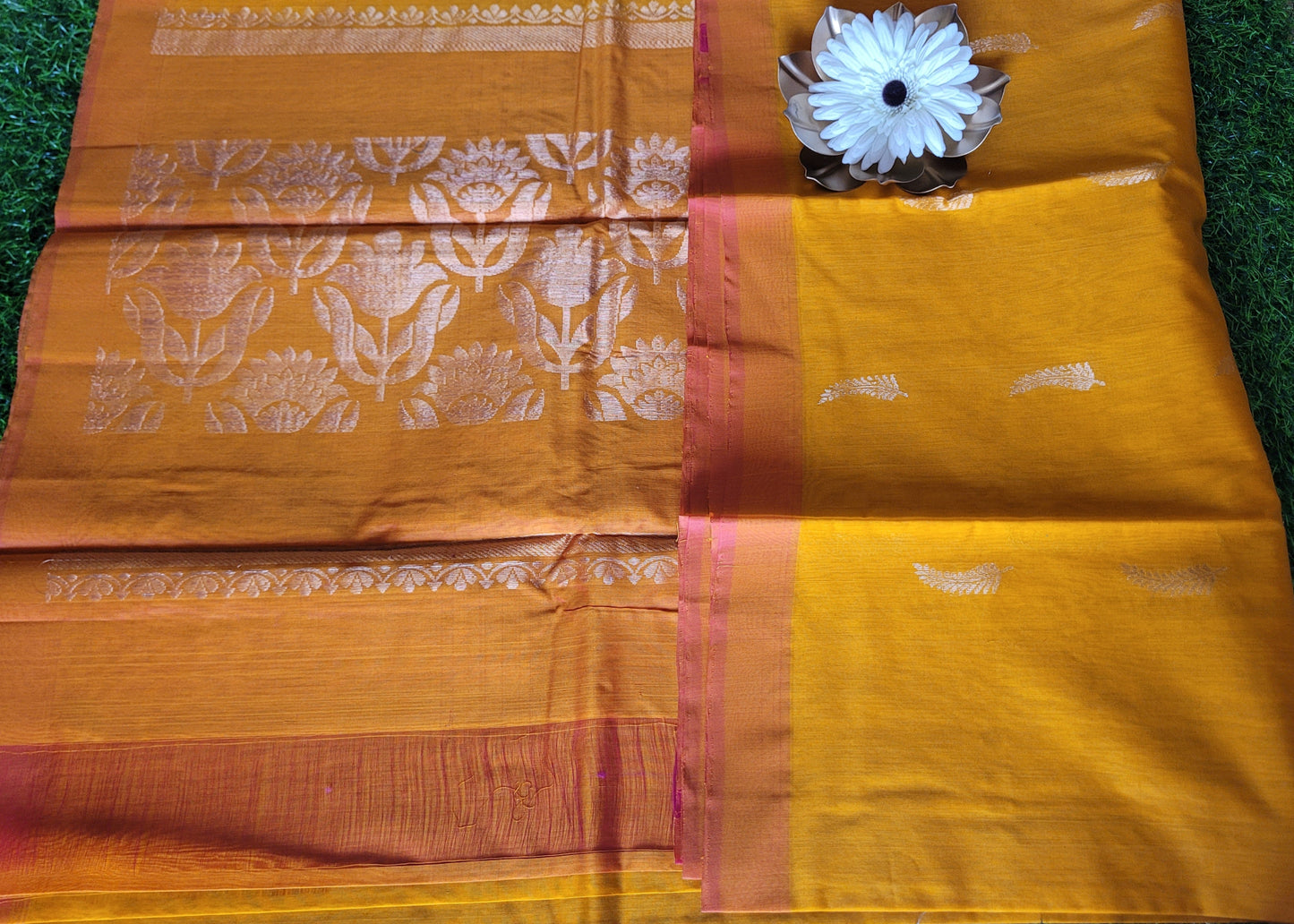 Golden Yellow And Peach Kora Silk Saree- TN