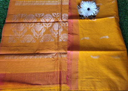 Golden Yellow And Peach Kora Silk Saree- TN