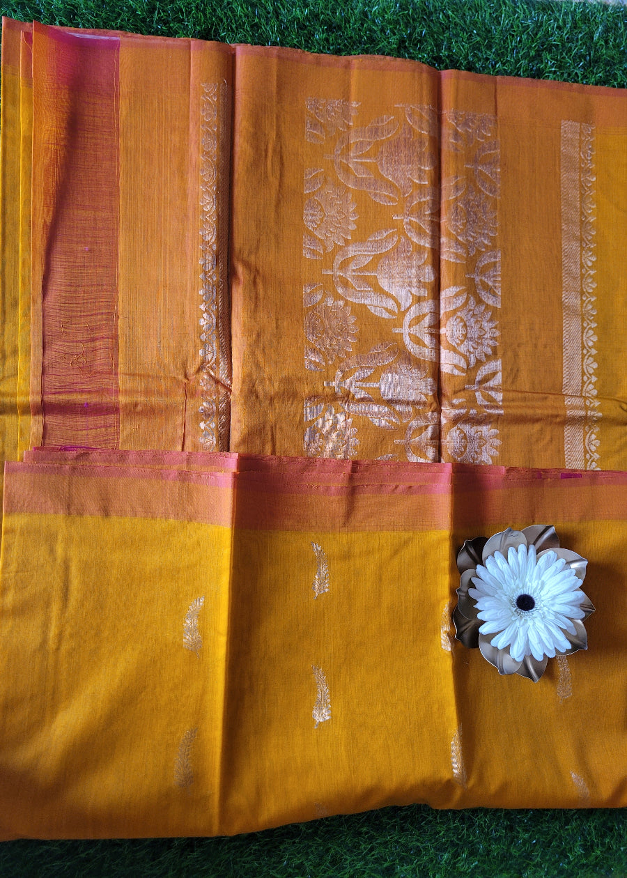 Golden Yellow And Peach Kora Silk Saree- TN