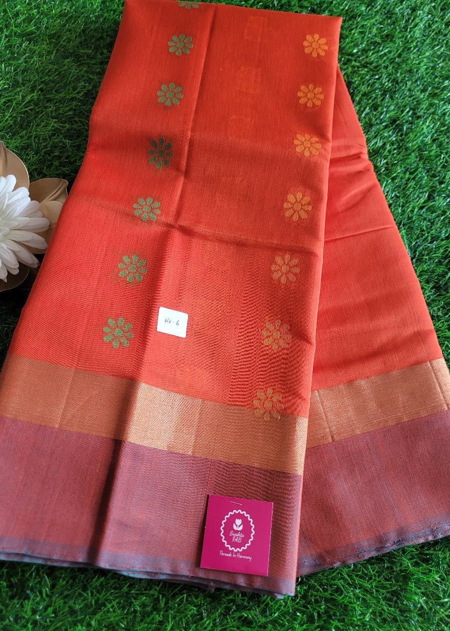 Orange And Greyish Blue Kora Silk Saree- TN