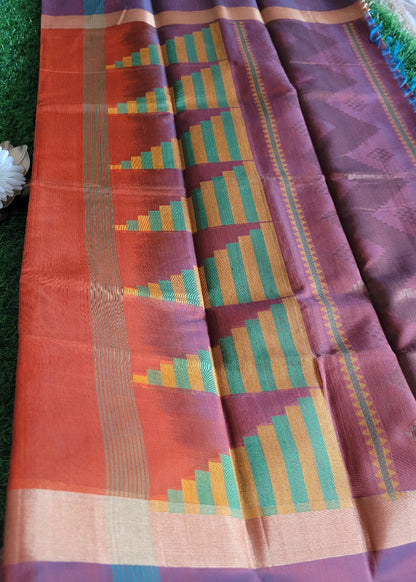Orange And Greyish Blue Kora Silk Saree- TN