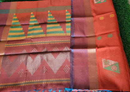 Orange And Greyish Blue Kora Silk Saree- TN