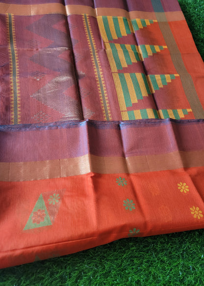 Orange And Greyish Blue Kora Silk Saree- TN