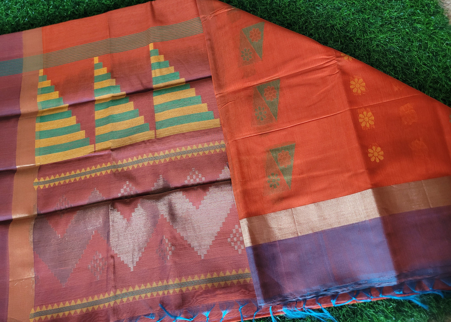 Orange And Greyish Blue Kora Silk Saree- TN