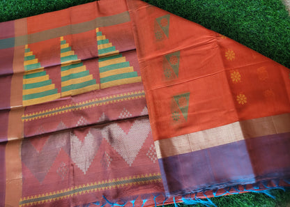 Orange And Greyish Blue Kora Silk Saree- TN