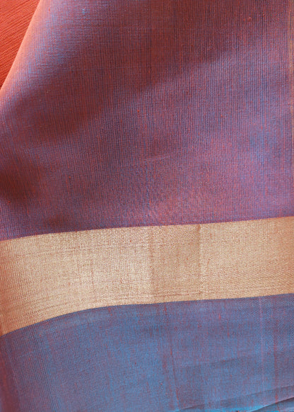 Orange And Greyish Blue Kora Silk Saree- TN