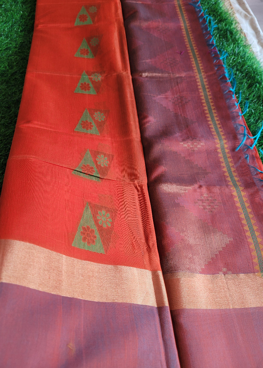 Orange And Greyish Blue Kora Silk Saree- TN