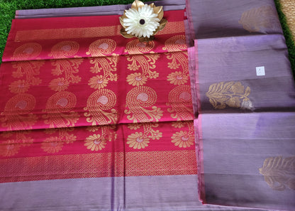 Lavender and Majenta Colour Kora Silk Saree- TN