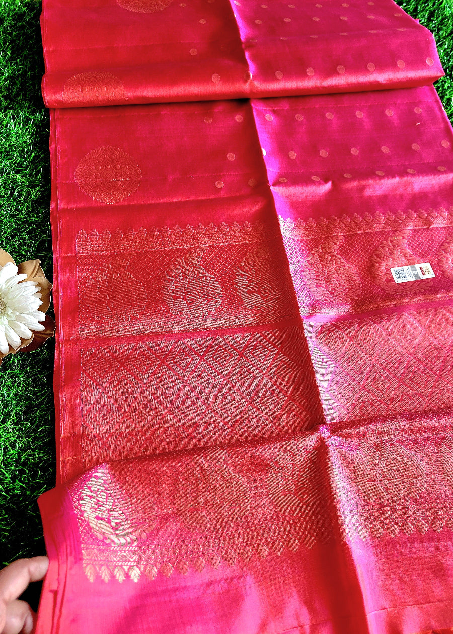 Pink And Orange Dual Toned Pure Kancheepuram Soft Silk Saree- TN