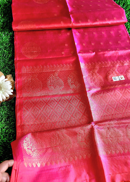Pink And Orange Dual Toned Pure Kancheepuram Soft Silk Saree- TN