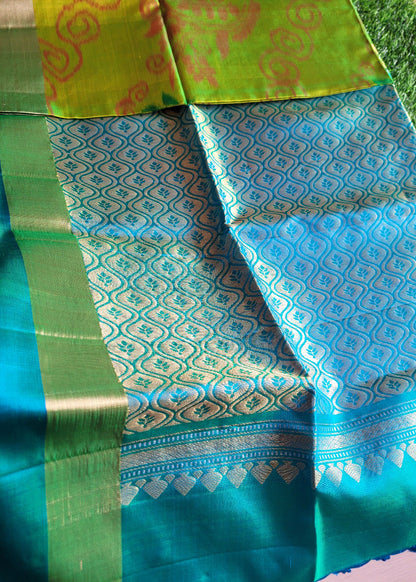 Tender Leaf Green and Blue Pure Kancheepuram Soft Silk Saree- TN