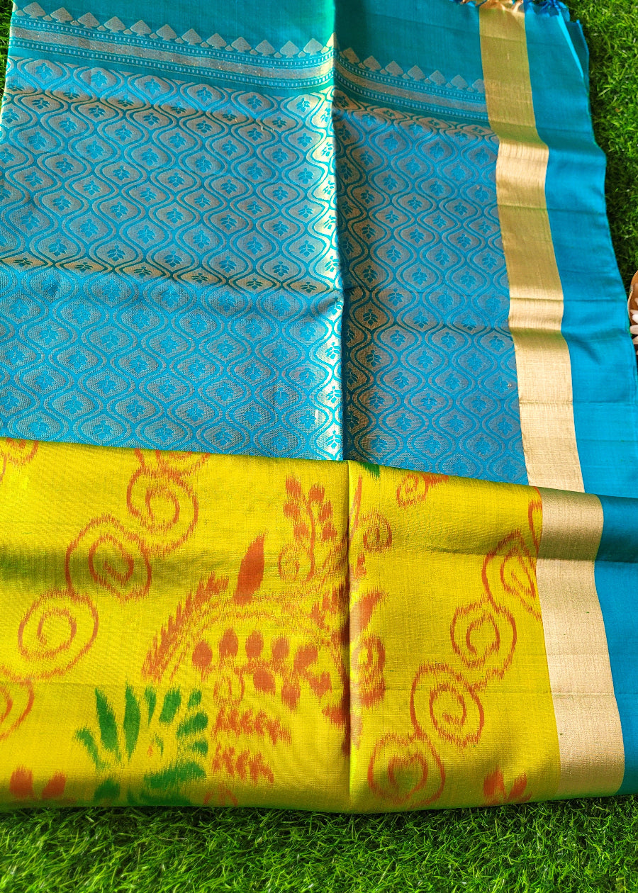 Tender Leaf Green and Blue Pure Kancheepuram Soft Silk Saree- TN