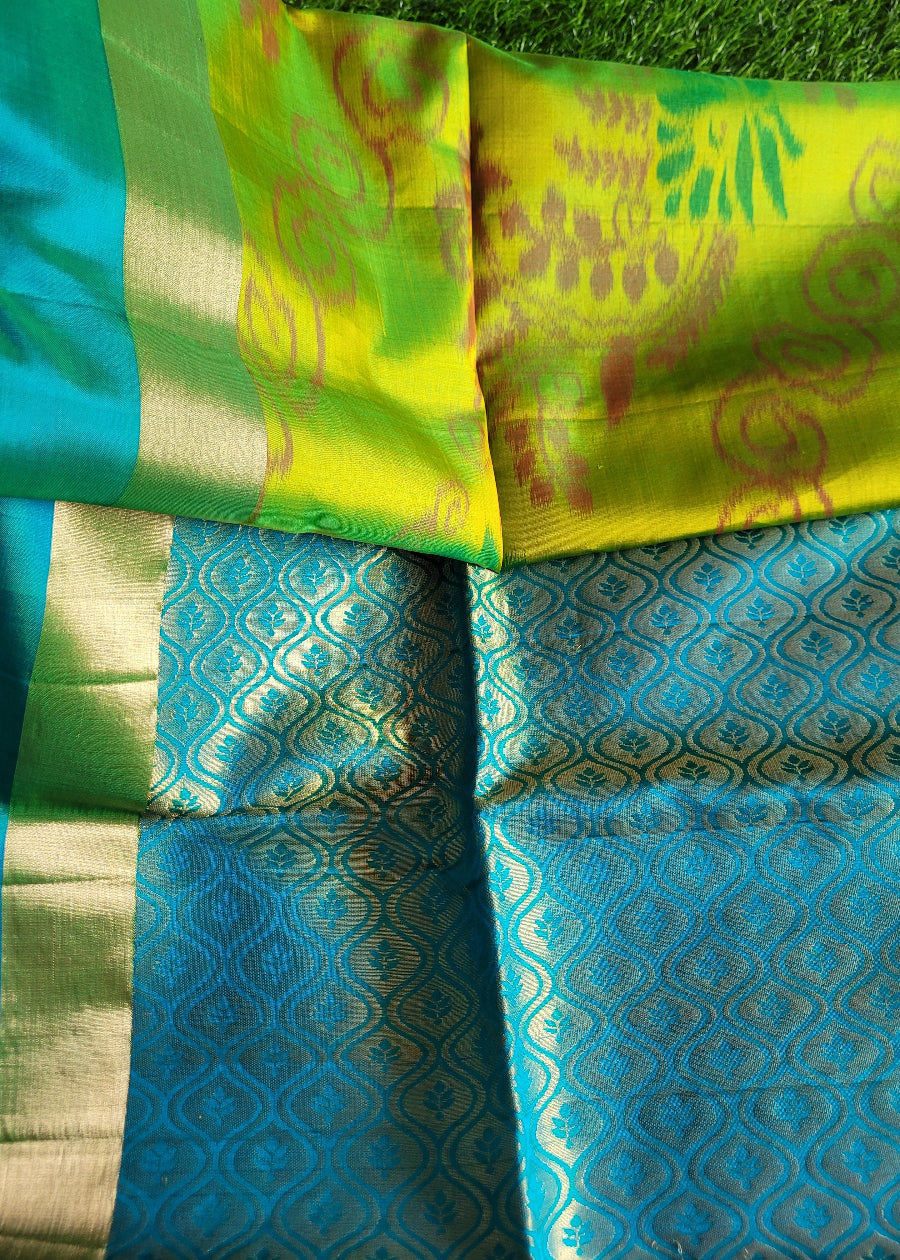 Tender Leaf Green and Blue Pure Kancheepuram Soft Silk Saree- TN