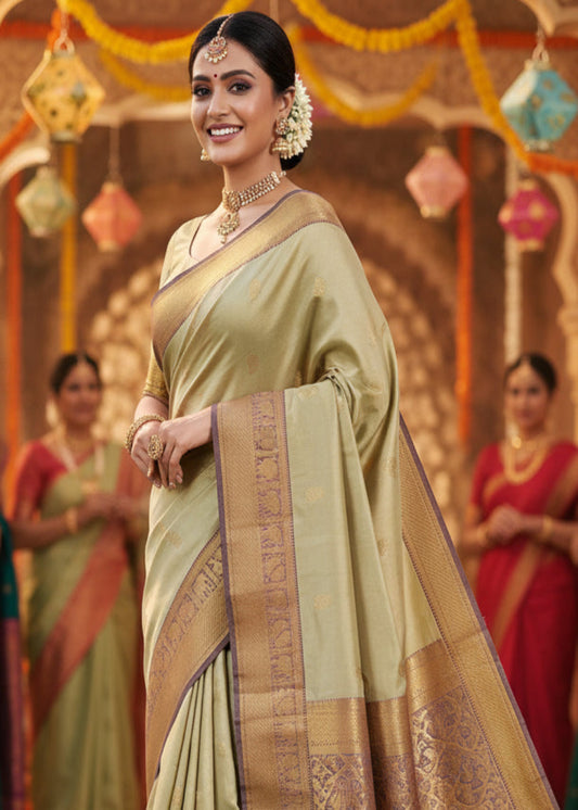 Sage Green And Purple Kancheepuram Silk Saree- TN