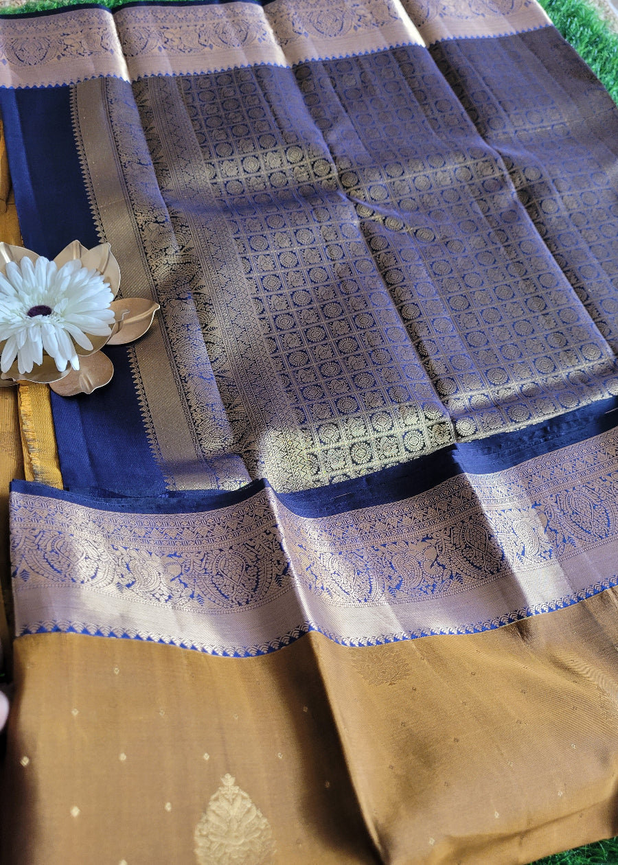 Deep Golden And Blue Kancheepuram Silk Saree - TN