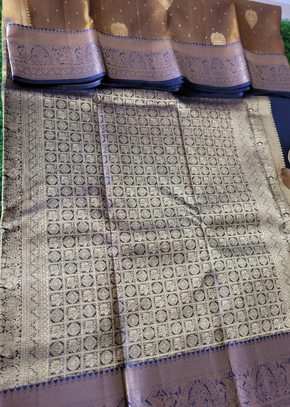 Deep Golden And Blue Kancheepuram Silk Saree - TN
