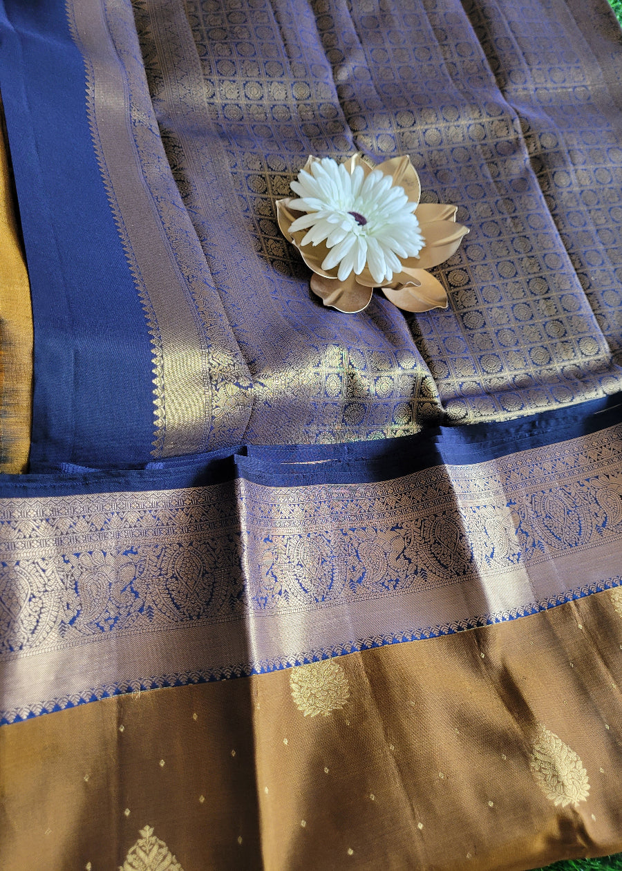 Deep Golden And Blue Kancheepuram Silk Saree - TN