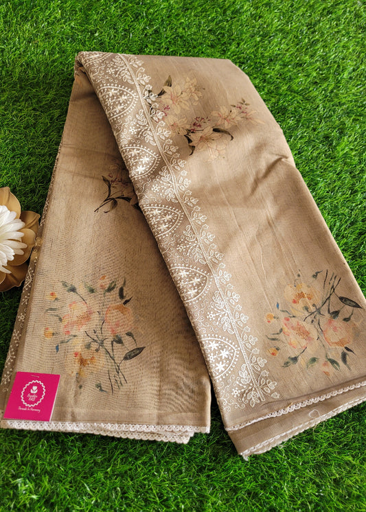 Beige Semi Chanderi Saree With Threadwork- Jaipur