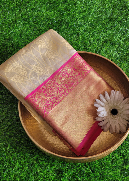 Offwhite and Pink Semi Kanchi Silk Saree- TN