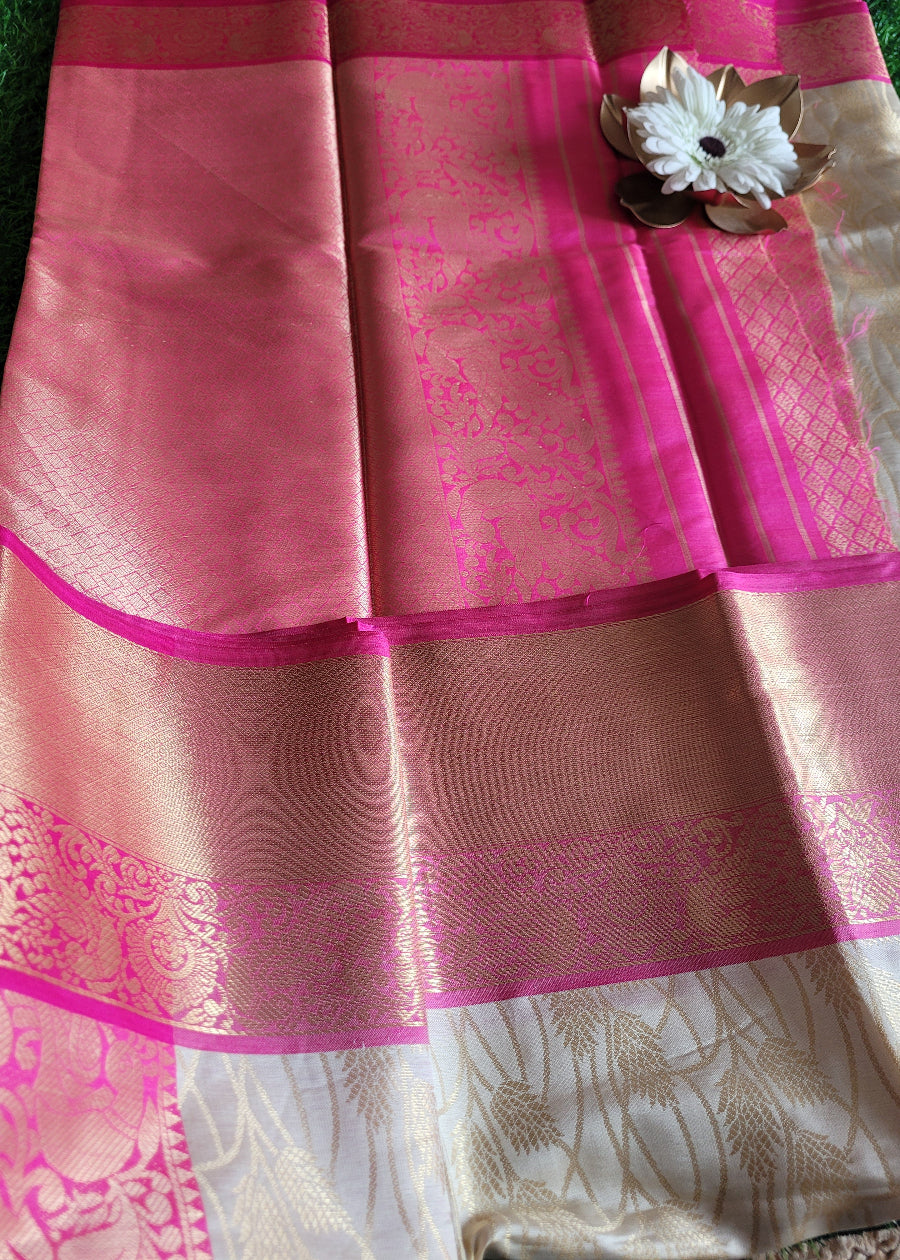 Offwhite and Pink Semi Kanchi Silk Saree- TN
