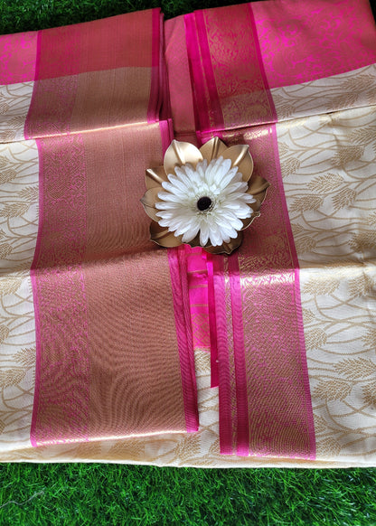 Offwhite and Pink Semi Kanchi Silk Saree- TN