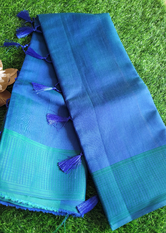 Aqua Blue And Peacock Blue Semi Tussar Saree- Casual