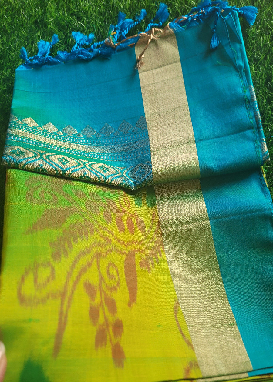 Tender Leaf Green and Blue Pure Kancheepuram Soft Silk Saree- TN