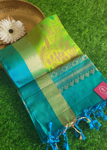 Tender Leaf Green and Blue Pure Kancheepuram Soft Silk Saree- TN