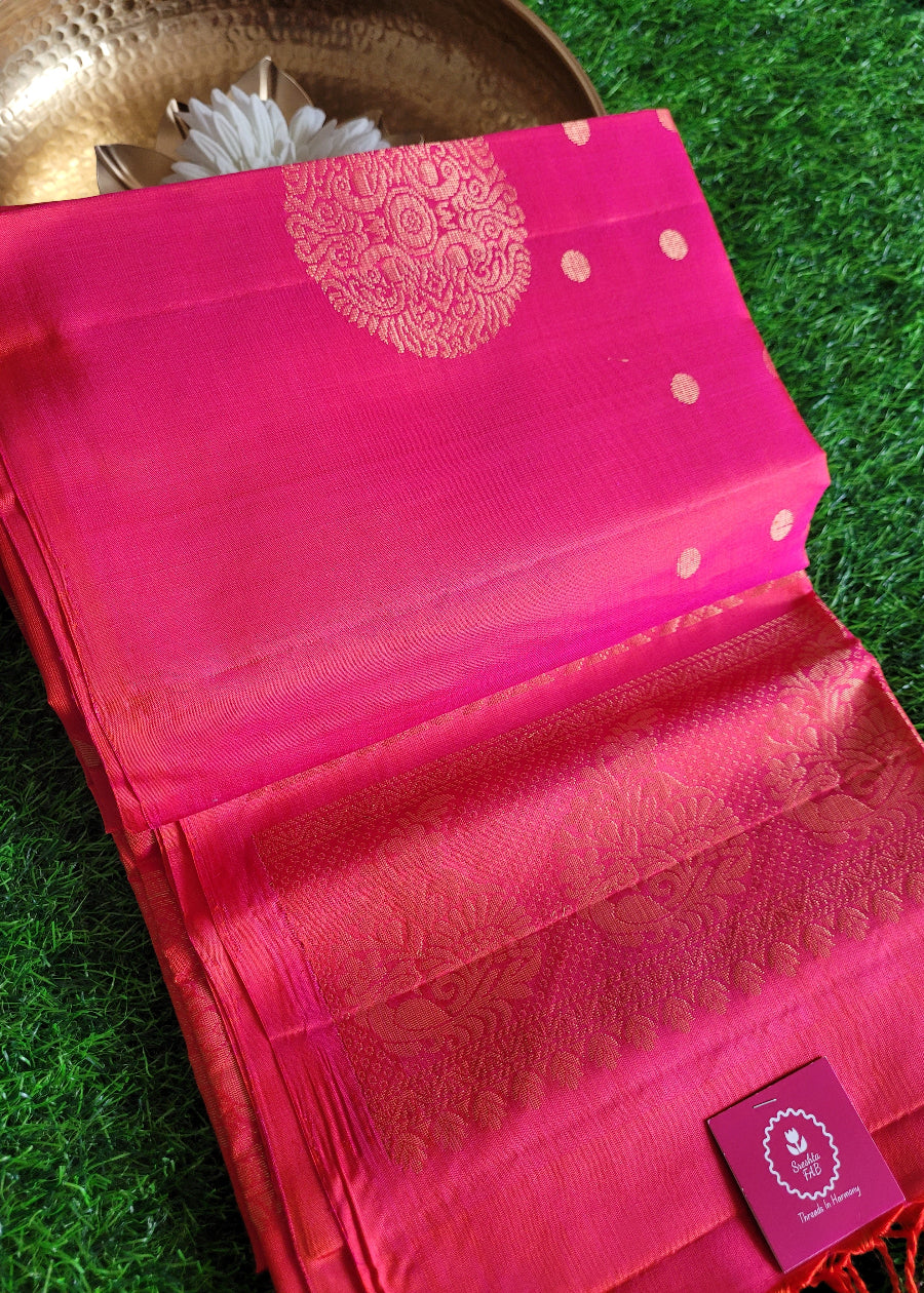 Pink And Orange Dual Toned Pure Kancheepuram Soft Silk Saree- TN
