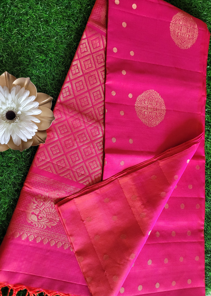 Pink And Orange Dual Toned Pure Kancheepuram Soft Silk Saree- TN