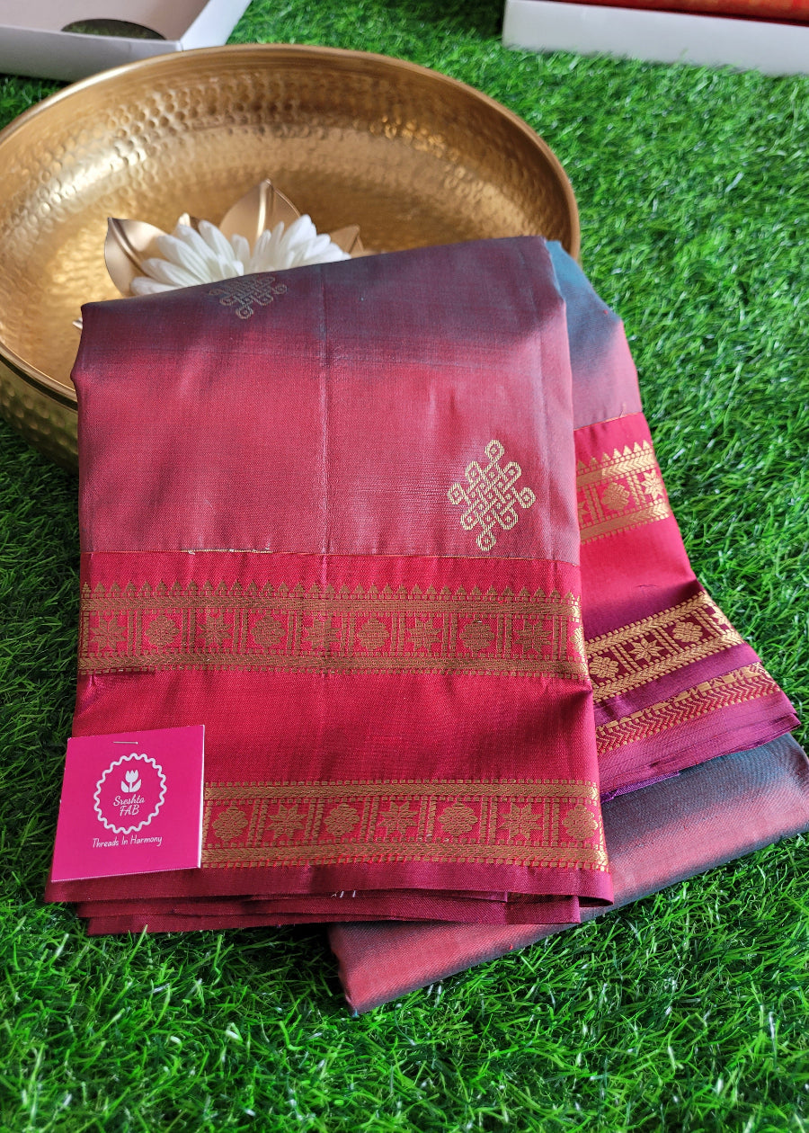 Brown And Maroon Dual Toned Kancheepuram Soft Silk Saree- TN