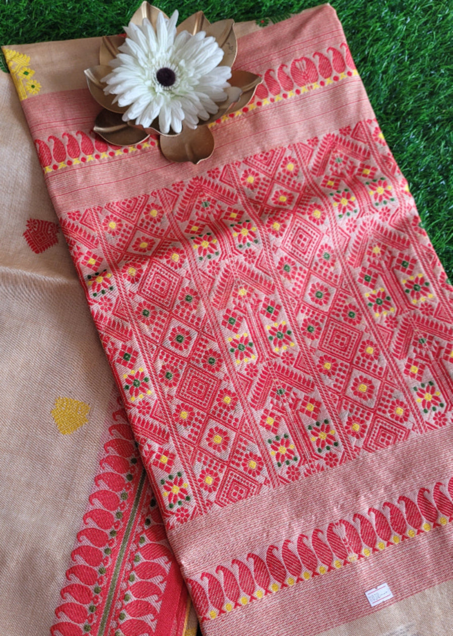 Classic Tussar Silk Saree In Ganga Jamuna Border- Bengal