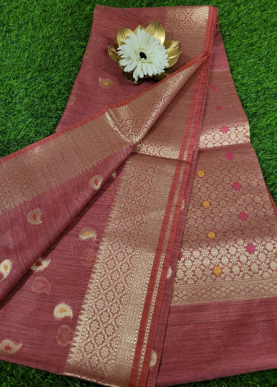 Dark Onion Peel And Gold Semi Munga Silk Saree- Bengal