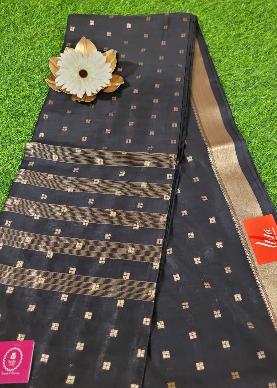 Black and Gold Semi Munga Silk Saree-Bengal